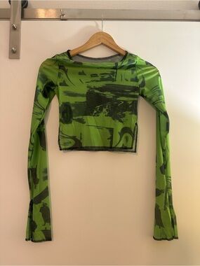 Green Abstract Print Long-Sleeve Crop Top